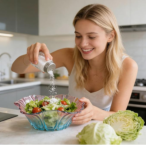 2 Piece Glass Salad Bowl Set - 7.3" Decorative Serving Bowls, 17 OZ (500ml) Multipurpose Bowls for Fruits, Veggies, Snacks, Candies, Desserts, Family Dinners & Parties (Colorful, medium size)