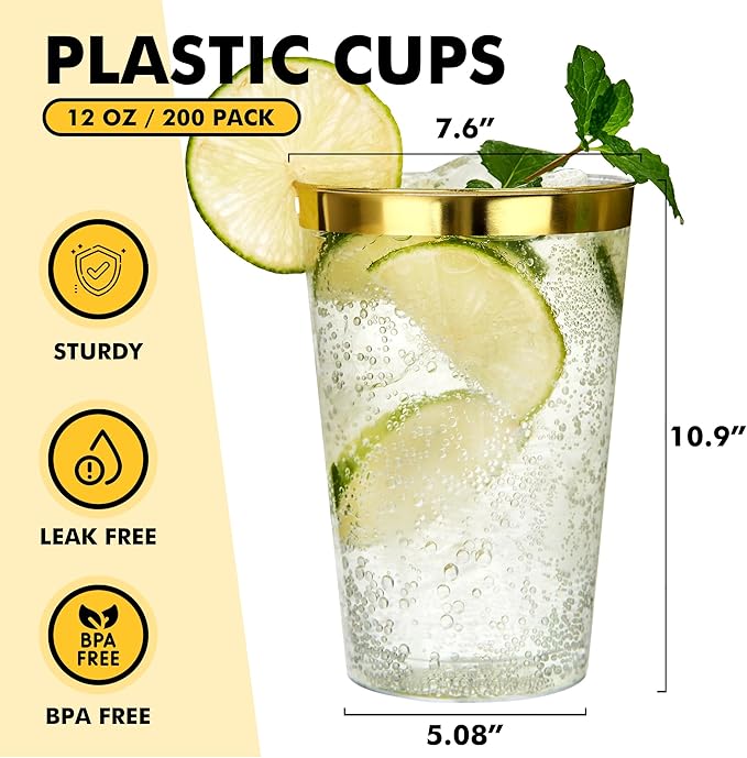 RACETOP 200 Pack 12oz Gold Rimmed Plastic Cups, Heavy Duty Disposable Glasses, Elegant Disposable Hard Cups for Party, Thanksgiving, Wine Taesting, Birthday and Christmas.