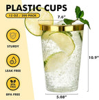 RACETOP 200 Pack 12oz Gold Rimmed Plastic Cups, Heavy Duty Disposable Glasses, Elegant Disposable Hard Cups for Party, Thanksgiving, Wine Taesting, Birthday and Christmas.