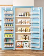 8 Tiers Over the Door Organizer - Height Adjustable Pantry Organizers and Storage with Dense Mesh Baskets, Anti-Swing Hanging Door Spice Rack for Kitchen Bathroom (White, 12.3"W x 4.7"D x 69"H)