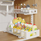 1 Pack 17IN Depth Under Sink Storage Organizer, Large 2-Tier Elegant Mesh Pull Out Shelf for Kitchen and Bathroom Cabinet Organization, L-Shaped and Adjustable Height Design-White