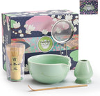 Matcha Whisk Set 5 Pcs, Matcha Kit Set Includes Matcha Bowl, Matcha Whisk and Holder, Bamboo Scoop and Sifter, Ceramic Matcha Set, Matcha Tea Set, Ideal Gift for Family/Friend (Cyan)