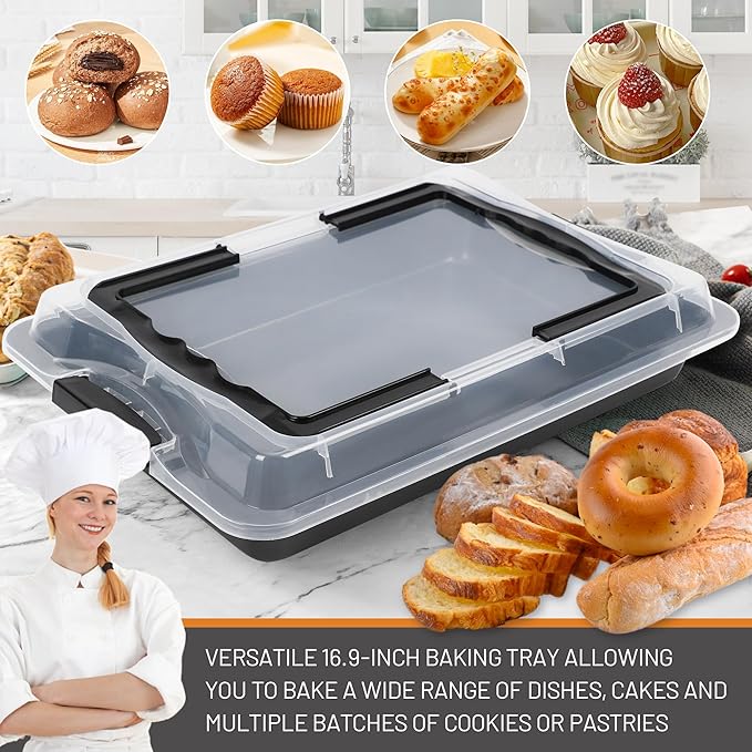 Sheet Cake Pan with Lid, 15"×10"×2" Deep Jelly Roll Pan, Non-Stick Ceramic Coating Baking Pan, Oven Safe 450°F, PFOA & PTFE Free, Bake & Carry for Texas Sheet Cake, Brownies, Potluck (Black)