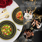GATHER 350PCS Black Plastic Plates - Black and Gold Disposable Dinnerware Set Include 100 Plates, 150 Gold Silverware, 50 Napkins, 50 Cups for Party & Wedding & Birthday