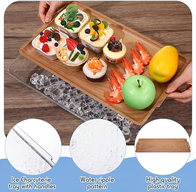Baderke 2 Set 16" x 9" Plastic Chilled Serving Tray for Parties with Compartments Ice Chilled Party Platter Charcuterie Serving Board Cold Dish Dip for Fruit Seafood Vegetable Appetizer (Light Wood)