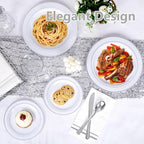 GATHER 350PCS Silver Plastic Plates - White and Silver Disposable Plates for 50 Guests Includes 100 Plate, 50 Napkins, 150 Silvery Cutlery and 50 Cups for Party & Wedding