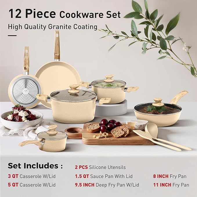 DisDelight Pots and Pans Set Non Stick, Nonstick Induction Granite Kitchen Cookware Sets, Induction Nonstick Granite Cooking Set, Induction Cookware Cooking Pan Set, Pan Sets for Cooking, Cream White
