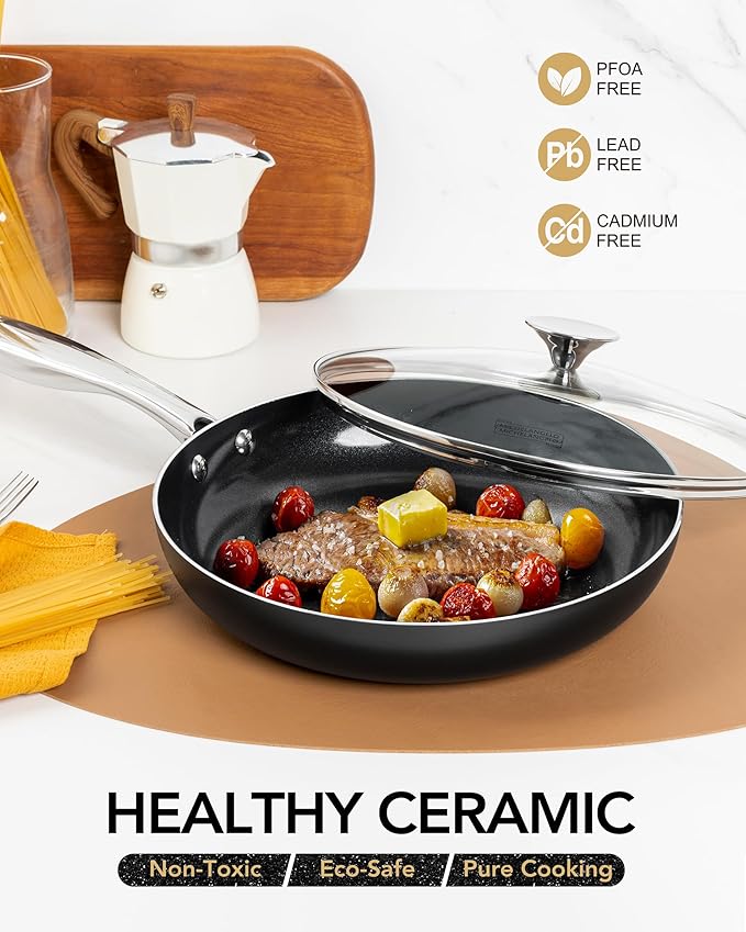 MICHELANGELO Non Stick Frying Pan - 12 Inch Frying Pan Nonstick with Lid, Large Fry Pan Induction Compatible, Black Ceramic Skillet with Lid