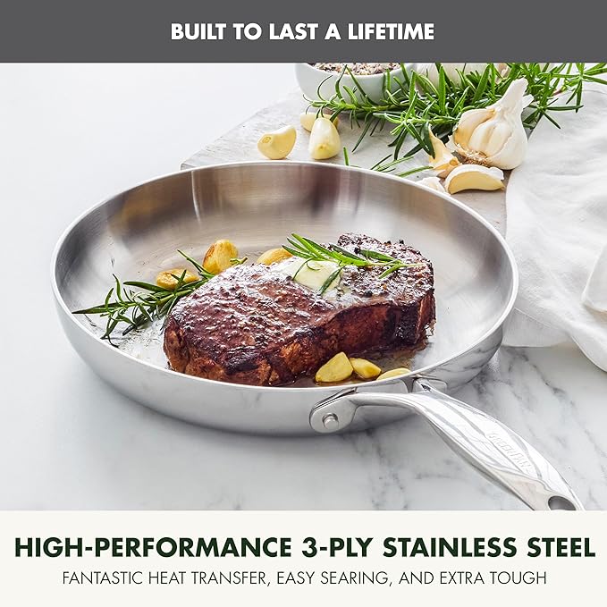 GreenPan Valencia Pro Tri-Ply Stainless Steel 10" Frying Pan Skillet, Induction Ready Cookware, All Cooktops, Sauce Pot, Mirror Finish, Dishwasher & Oven/Broiler Safe to 600F