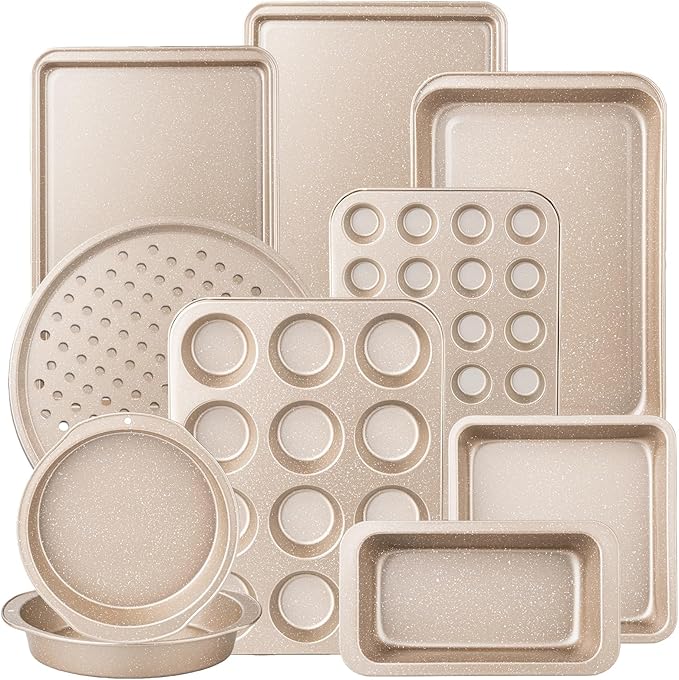 10-Piece Baking Pans Set, Bakeware Sets Nonstick, Baking Set for Oven Cooking, Stackable Carbon Steel Pans Include Cookie Sheets, Muffin Pan, Cake Pan, Pizza Pan, Loaf Pan, Roasting Pan, Gold