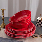 12 Piece Farmhouse Melamine Dinnerware Sets, Service For 4 Rustic Crackled Plates and Bowls Sets, Melamine Dishes Set for Christmas,Wedding, Set of 4 Camping Dishes, Red