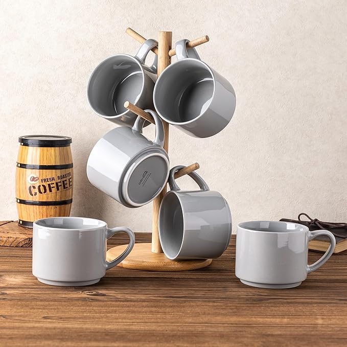 GBhome 14 OZ Coffee Mugs Set of 6, Stackable Ceramic Mugs for Men, Women, Modern Coffee Mugs for Latte,Cappuccino,Hot Cocoa. Dishwasher & Microwave Safe, Gray