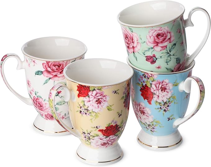 BTaT- Large Coffee Mugs, 12 oz, Set of 4, Floral Mugs for Coffee Cups Set, Porcelain Bone China, Tea Mug,