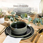 GBHOME 12-Piece Stoneware Dinnerware Set for 4 – Ribbed Ceramic Plates and Bowls, Scratch-Resistant, Microwave & Dishwasher Safe, Reactive Glaze, Mossed Jade