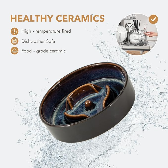Havniva Ceramic 0.9 Cup Raised Slow Feeder Dog Bowl Set, Elevated 6.1inch Water Bowl and 6.1inch Slow Dish with Acacia Wood Stand for Small Dogs (2 x Starry Sky+ Stand)
