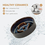 Havniva Ceramic 0.9 Cup Raised Slow Feeder Dog Bowl Set, Elevated 6.1inch Water Bowl and 6.1inch Slow Dish with Acacia Wood Stand for Small Dogs (2 x Starry Sky+ Stand)