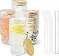 4 Pcs 16 oz Glasses Cups with Bamboo Lids Straws Brush Hobnail Glass Tumbler with Straw and Lid for Juice Iced Coffee Soda Cocktail Juice