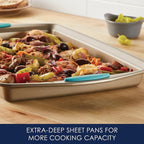 Rachael Ray Cucina Bakeware Set Includes Nonstick Bread Baking Cookie Sheet and Cake Pans, 5 Piece, Latte Brown with Agave Blue Grips