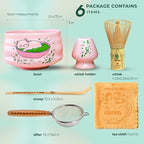 Matcha Gift Set 6 Pcs – Ceramic Bowl, Bamboo Whisk, Whisk Holder, Scoop, Sifter & Cloth – Traditional Japanese Set for Green Tea by Aprika Matcha (Pink with Cats)