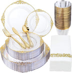 Morejoy 175PCS Clear and Gold Plastic Plates - Clear Plastic Dinnerware Set Include 25Dinner Plates, 25Dessert Plates 75Cutlery, 25Cups, 25Napkin Perfect for Party & Wedding