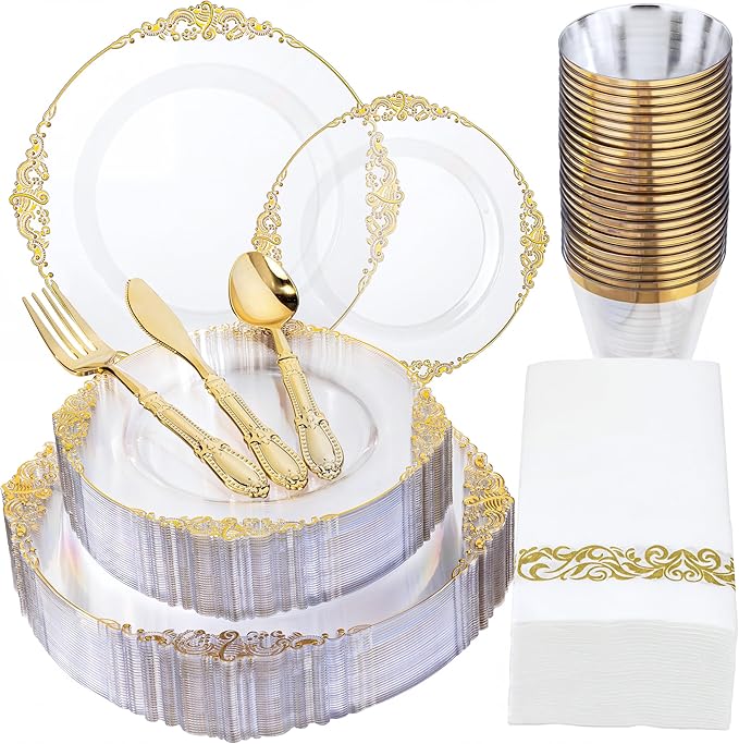 Morejoy 175PCS Clear and Gold Plastic Plates - Clear Plastic Dinnerware Set Include 25Dinner Plates, 25Dessert Plates 75Cutlery, 25Cups, 25Napkin Perfect for Party & Wedding