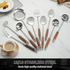 18/10 Stainless Steel Kitchen Utensils Set with Wood Handle Metal Cooking Utensils Set 10 Piece - Spatula, Spoon, Ladle, Skimmer, Slotted Turners, Pasta,Turner, Ladl, Fork