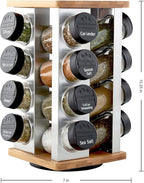 Kamenstein 16 Jar Warner Revolving Countertop Spice Rack Organizer with Lift & Pour Caps and Spices Included, FREE Spice Refills for 5 years, Stainless Steel & Bamboo with Black Caps