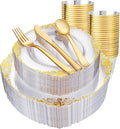Hioasis 300pcsClear and Gold Plastic Plates - Disposable Dinnerware Set Perfect for 50 Guests include 50 Dinner Plate, 50 Dessert Plate, 50 Forks,50 Spoons, 50 Knives, 50 Cups (NO Napkins Included)