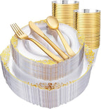 Hioasis 300pcsClear and Gold Plastic Plates - Disposable Dinnerware Set Perfect for 50 Guests include 50 Dinner Plate, 50 Dessert Plate, 50 Forks,50 Spoons, 50 Knives, 50 Cups (NO Napkins Included)