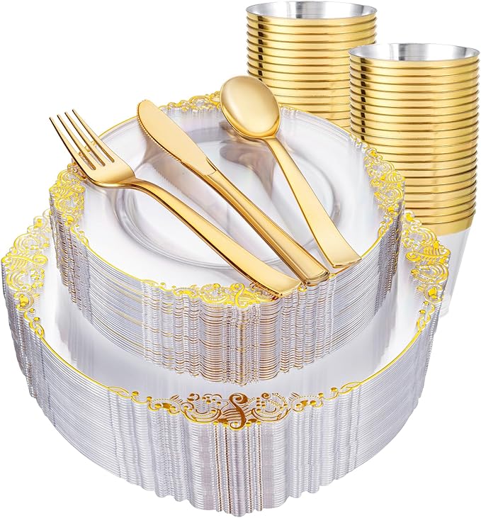 Hioasis 300pcsClear and Gold Plastic Plates - Disposable Dinnerware Set Perfect for 50 Guests include 50 Dinner Plate, 50 Dessert Plate, 50 Forks,50 Spoons, 50 Knives, 50 Cups (NO Napkins Included)