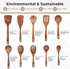 Wooden Spoons for Cooking – 10 Pc Teak Wood Utensil Set, Durable, Nonstick Safe & Heat Resistant with Ergonomic Handles