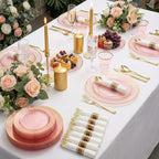 WELLIFE 350Pcs Clear-Pink Plastic Dinnerware- Pink and Gold Plastic Dinnerware include 50 Dinner Plates, 50 Dessert Plates, 150 Gold Silverware, 50 Cups and 50 Napkins Perfect for Parties
