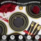 GATHER 350PCS Black Plastic Plates - Black and Gold Disposable Dinnerware Set Include 100 Plates, 150 Gold Silverware, 50 Napkins, 50 Cups for Party & Wedding & Birthday