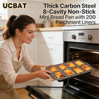 Mini Loaf Baking Pans Set 8-Cavity with 200 PCS Parchment Liners, Nonstick Bakeware Rectangle Bread Pan, Heavy Duty Banana Bread Pan, Grey