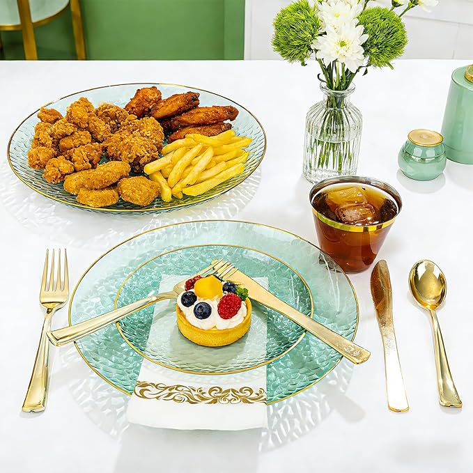 DaYammi 350 Pcs Clear Green Gold Plastic Plates, Hammered Disposable Dinnerware, Clear Green Plates Set Include 100 Plastic Platos, 150 Gold Disposable Silverware, 50 Cups and 50 Napkins for Party