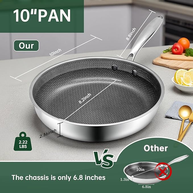 10-Inch Nonstick Frying Pan, PFOA-Free Hybrid Skillet with Stay-Cool Handle & Oven Safe Dishwasher Safe, Compatible with All Stovetops Including Induction for Eggs, Pancakes, Steak