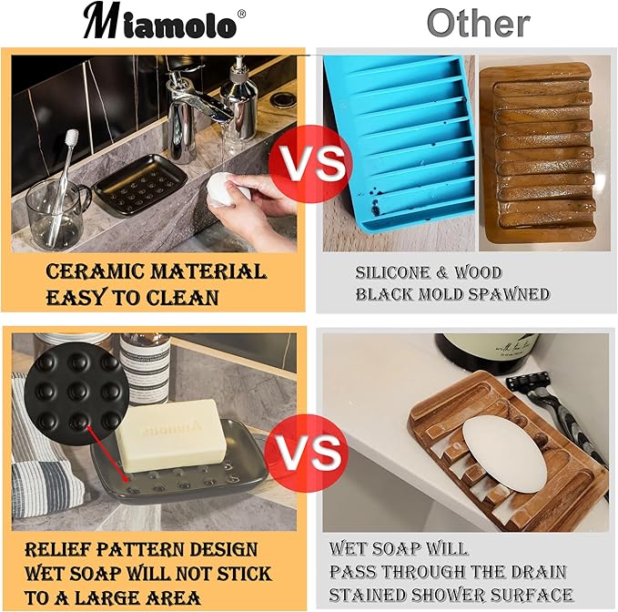 Miamolo Soap Dish, Ceramic Soap Holder Shower Soap Dish for Bar Soap Sponge, Soap Saver Tray for Bathroom Kitchen Sink, Black (Pack of 2)