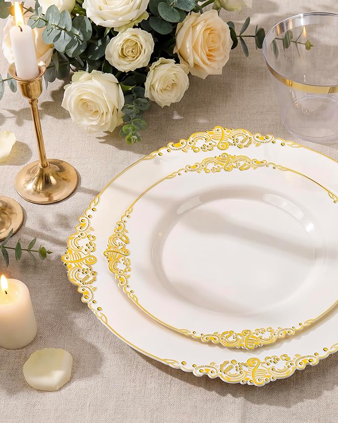 Morejoy 175 PCS Lvory Plastic Plates - Lvory Gold Plastic Dinnerware Set Include 25Dinner Plates, 25Dessert Plates 50Cutlery, 25Cups, 50Napkin Perfect for Party & Wedding