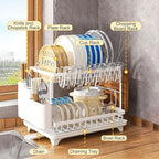 Kitchen Dish Drying Rack,2 Tier Dish Drying Rack with Draining Board, Kitchen Countertop Organizer, Multi-Use Utensil Organizer and Cup Holder, White