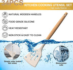 Silicone Cooking Utensils Set, 43Pcs Non-Stick Heat Resistant Kitchen Utensils Spatula Set with Wooden Handle for Baking, Cooking, and Mixing, Best Kitchen Gadgets Tools with Holder (Khaki)