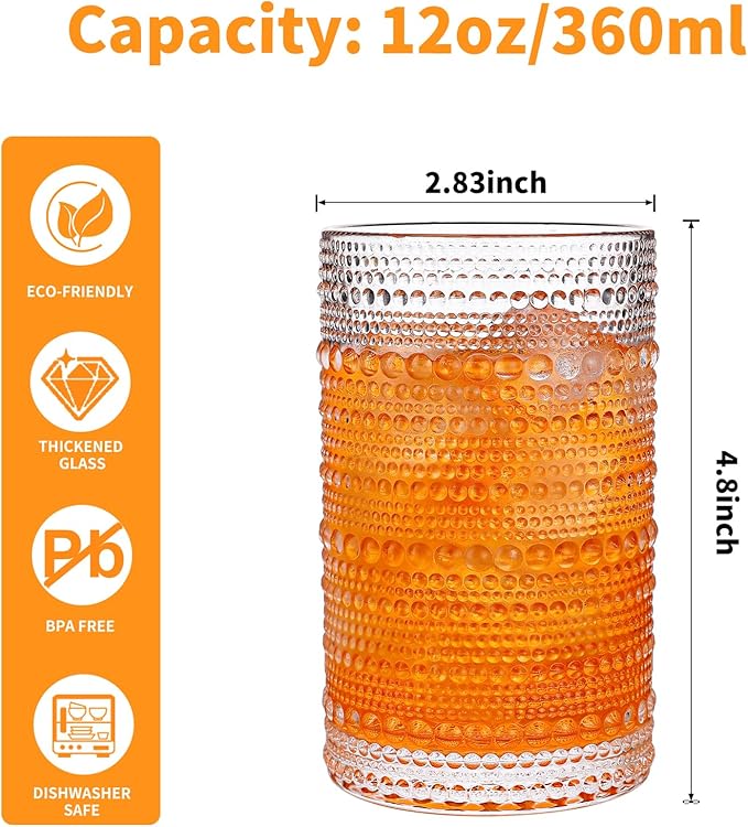 Hobnail Drinking Glasses Set of 4, 12 Oz Vintage Style Tumblers – Thick Durable Glass, Smooth Interior, Dishwasher Safe for Water, Juice, Wine, Whiskey