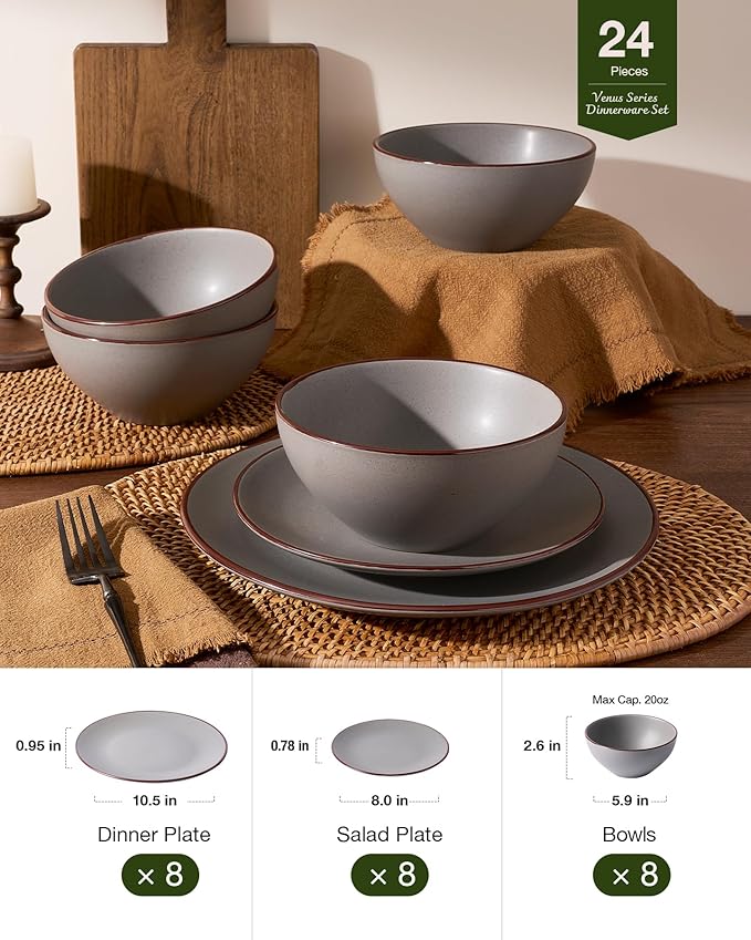 Famiware Venus Plates and Bowls Sets, 24 Pieces Stoneware Speckled Dishes Dinnerware Set for 8, Matte Dark Gray - Microwave & Dishwasher Safe, Modern Minimalist, for Everyday Meals & Formal Dining