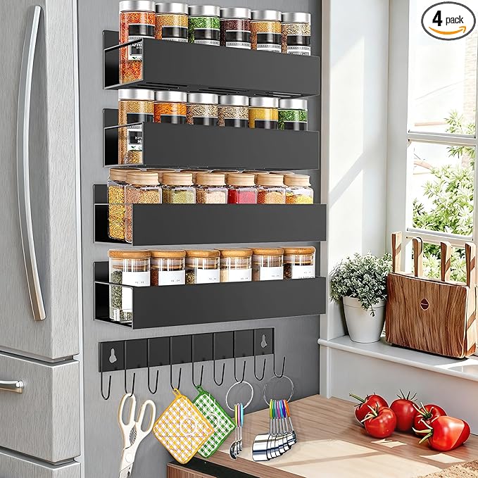 Magnetic Spice Rack for Refrigerator Seasoning Organizer for Spice Fridge Shelf storage Magnetic Shelf with Hook for Oven(6pack) (4Rack1hook-black)