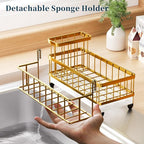 Consumest Sponge Holder for Kitchen Sink - Auto Draining Sink Caddy Organizer with Detachable Rack, High Brush Holder, Kitchen Countertop Storage Accessories, Gold