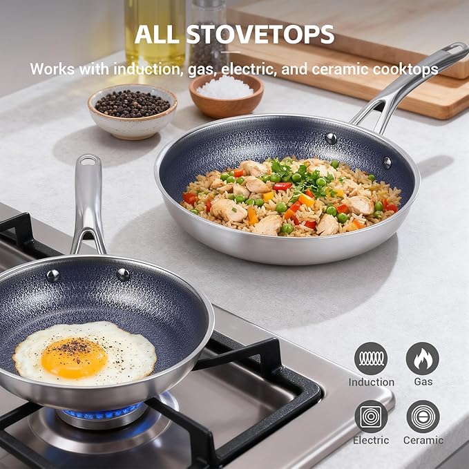 Ammeloo Hybrid Tri-Ply Stainless Steel Frying Pan Set, 8"/9.5"/11" Cooking Pans, Non Stick Frying Pans and Skillets, Chef Pan, Non Toxic, Dishwasher Safe, Induction Compatible, Blue Interior