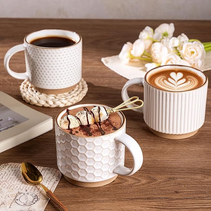 GBhome 15OZ Stackable Coffee Mugs, Ceramic Coffee Mugs with Texture Patterns for Man,Woman,Dad,Mom, Modern Coffee Mugs Set of 4 for Latte/Cappuccino/Cocoa. Dishwasher&Microwave Safe, Off White | for Man, Woman, Dad, Mom