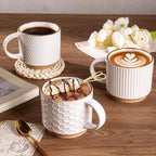 GBHOME 12OZ Stackable Coffee Mugs, Ceramic Coffee Mugs with Texture Patterns for Man,Woman,Dad,Mom, Modern Coffee Mugs Set of 4 for Latte/Cappuccino/Cocoa. Dishwasher&Microwave Safe, Off White