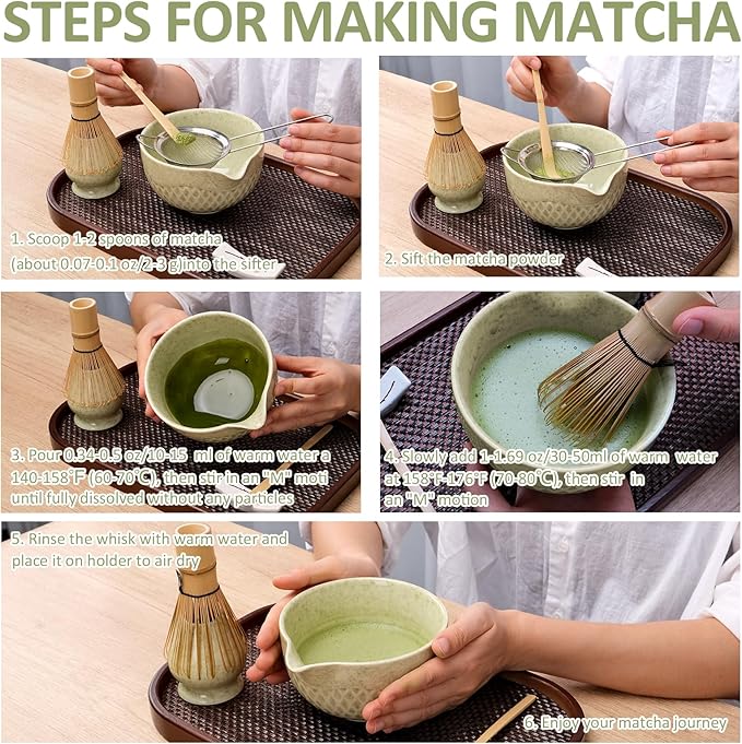 Joyscale Matcha Whisk Set, Matcha Set Whisk And Bowl, 8 Pcs Matcha Kit Set(Texture Design), 16 OZ, Japanese Matcha Tea Set, Matcha Making Kit Gifts for Tea Lovers(Macha Green)