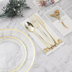 BESTVIP 175PCS Clear Gold Disposable Dinnerware Set for 25 Guests, Plastic Plates for Party, Wedding, Christmas, Include: 50Plastic Plates, 25 Gold Silverware, 25 Cups, 25 Napkins