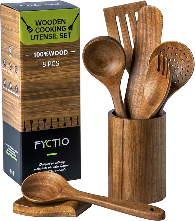 8 PCS Wooden Utensil Set with Holder, Spoon Rest, Durable Wooden Spoons for Cooking, Heat-Resistant, Comfort Grip,Easy to Clean, Non-stick Friendly, Ideal for Gifting